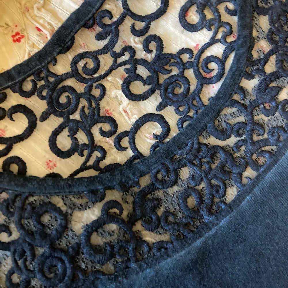 Elegant Scrollwork Top. Knit with raw edges for elegant, edgy look. Small